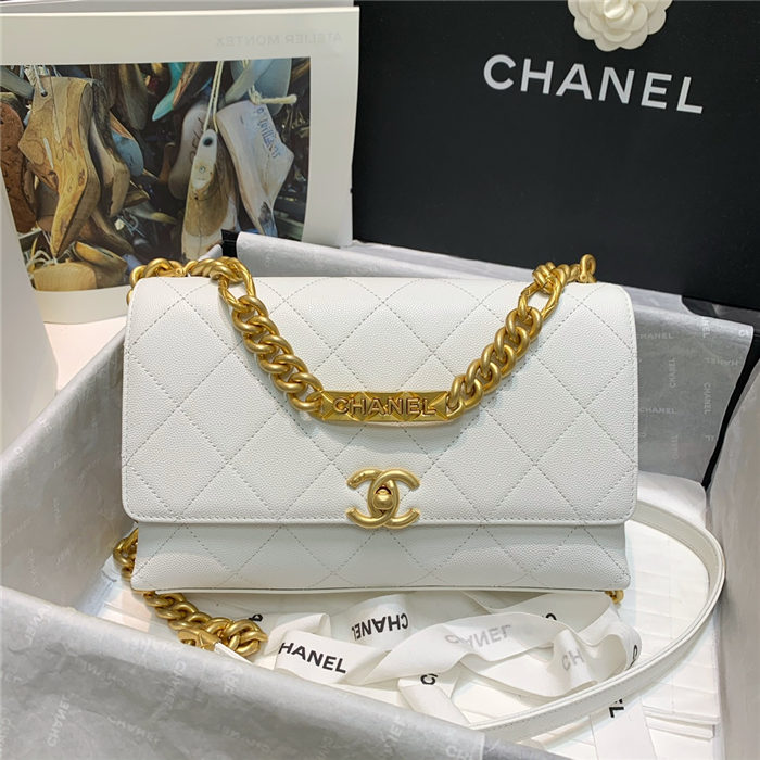 Chanel FLAP BAG Grained Calfskin & Gold-Tone Metal AS2764 White High