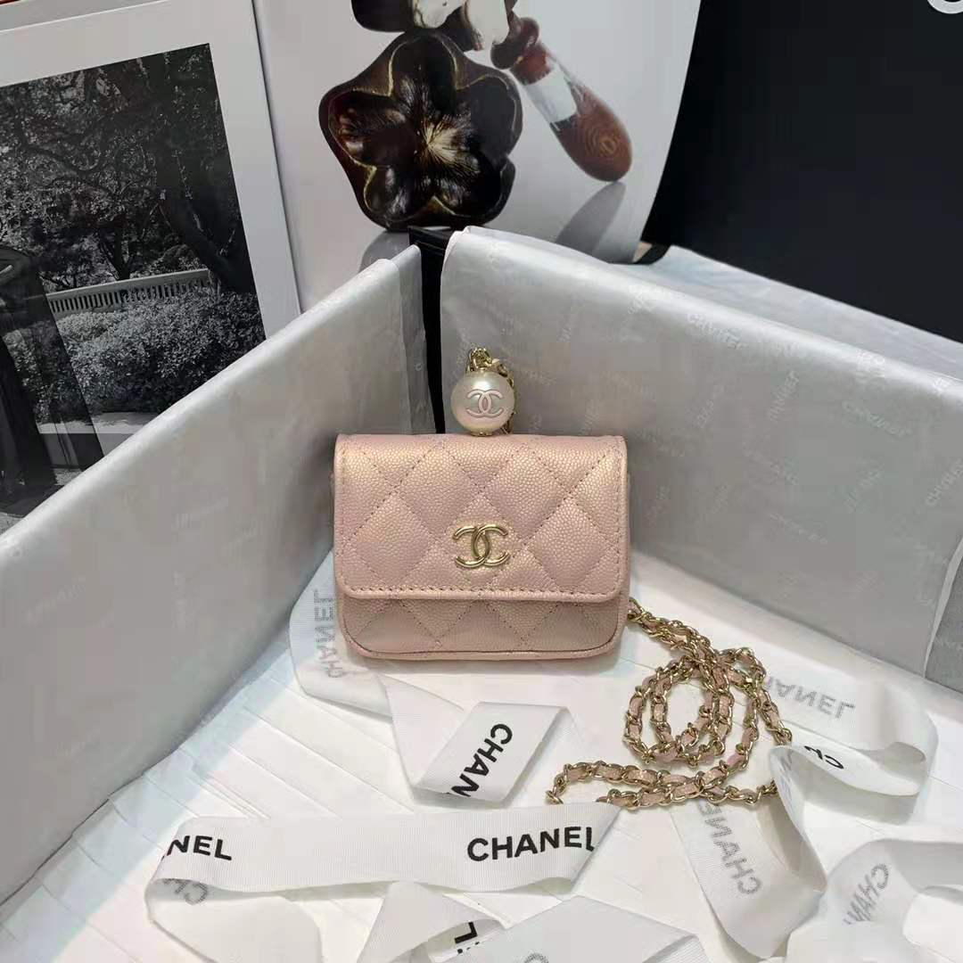 Chanel Flap Coin Purse with Chain Iridescent Grained Calfskin, Imitation Pearls & Gold-Tone Metal High