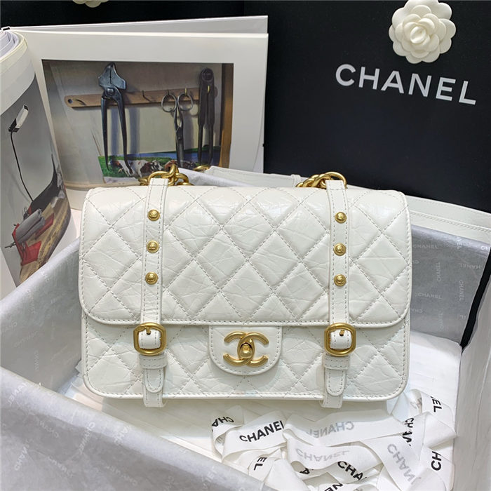 Chanel FLAP BAG Aged Calfskin & Gold-Tone Metal AS2696 White High