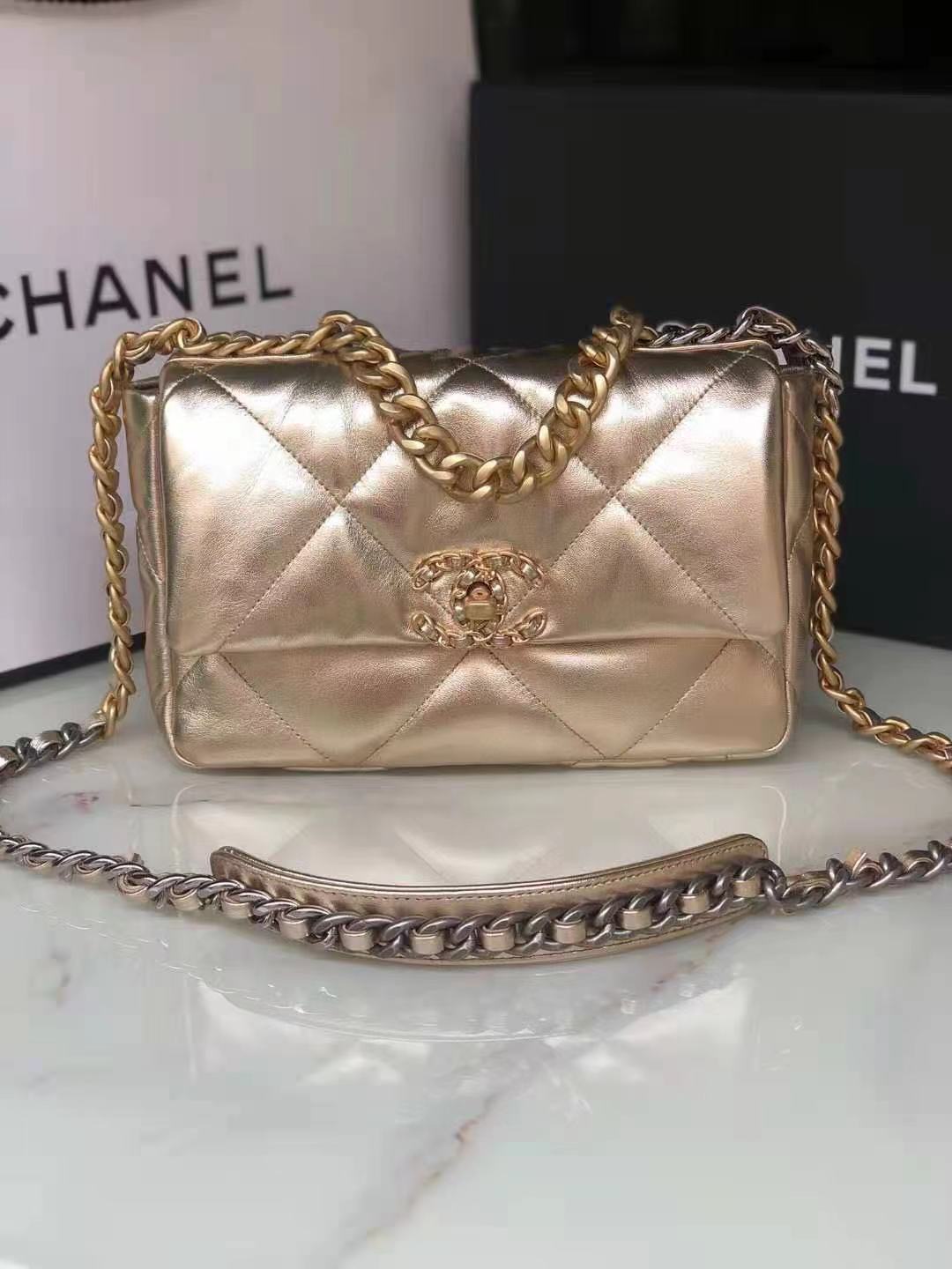 Chanel 19 Flap Bag Goatskin/Lambskin Champagne High