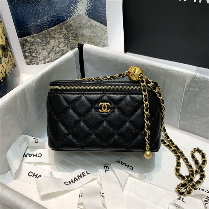 Chanel Vanity with Chain Lambskin Gold Metal Black High