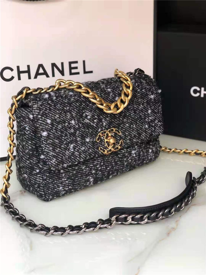 Chanel 19 Flap Bag Tweed, Gold-Tone, Silver-Tone & Ruthenium-Finish Metal Black & Ecru High