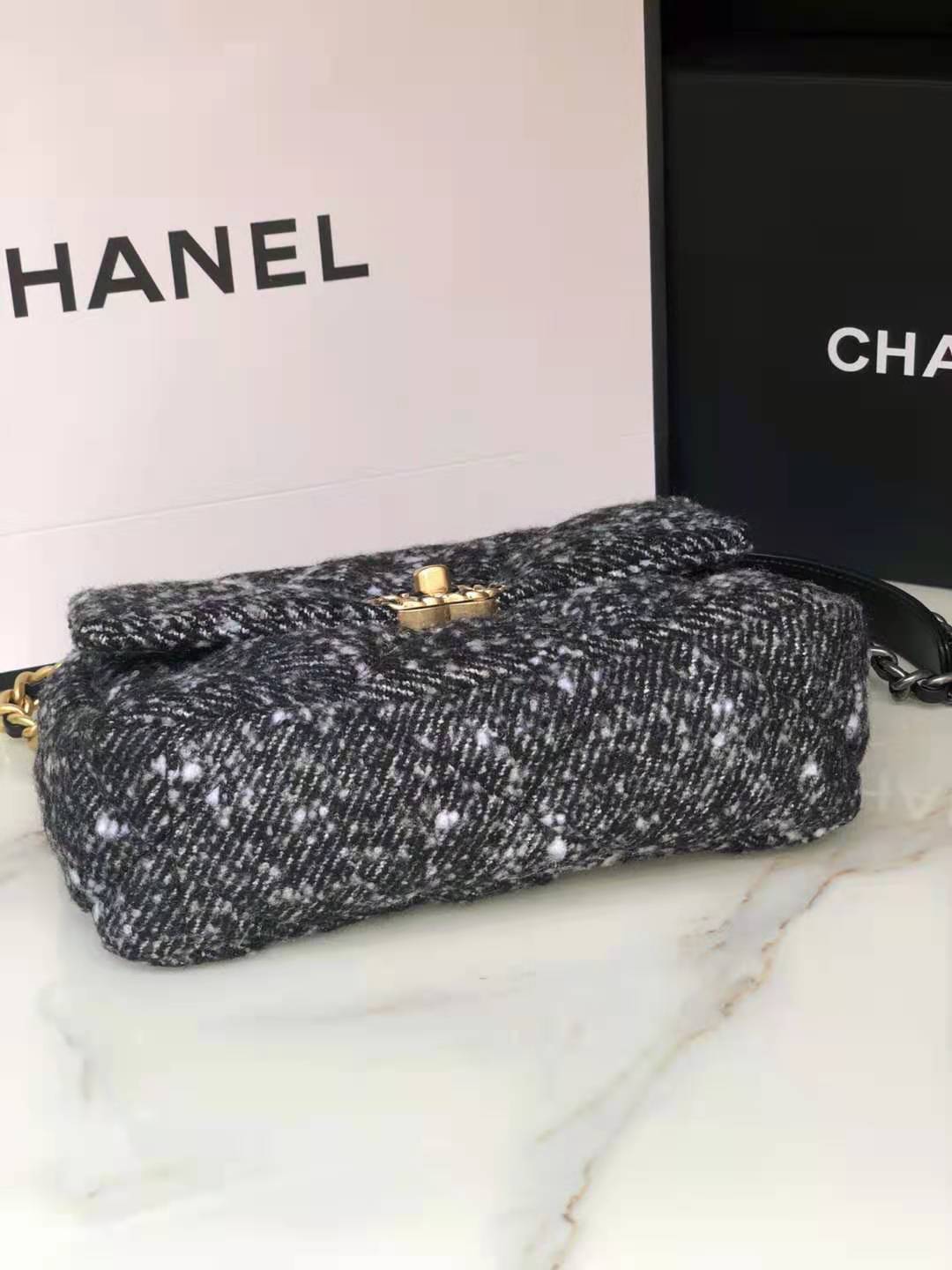 Chanel 19 Flap Bag Tweed, Gold-Tone, Silver-Tone & Ruthenium-Finish Metal Black & Ecru High