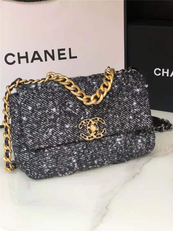 Chanel 19 Flap Bag Tweed, Gold-Tone, Silver-Tone & Ruthenium-Finish Metal Black & Ecru High