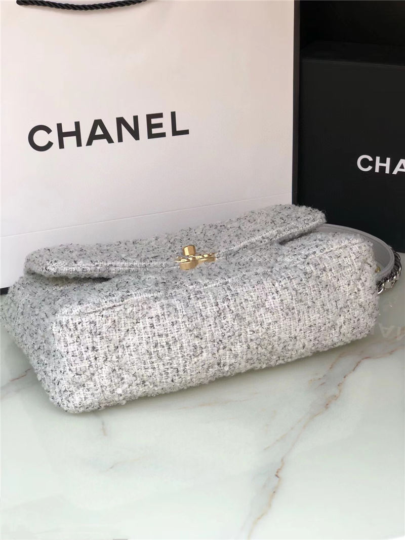 Large Chanel 19 Flap Bag Tweed, Gold-Tone, Silver-Tone & Ruthenium-Finish Metal Gray & Ecru High