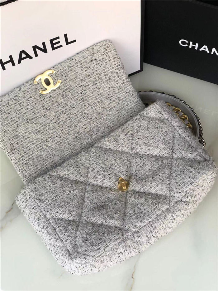 Large Chanel 19 Flap Bag Tweed, Gold-Tone, Silver-Tone & Ruthenium-Finish Metal Gray & Ecru High