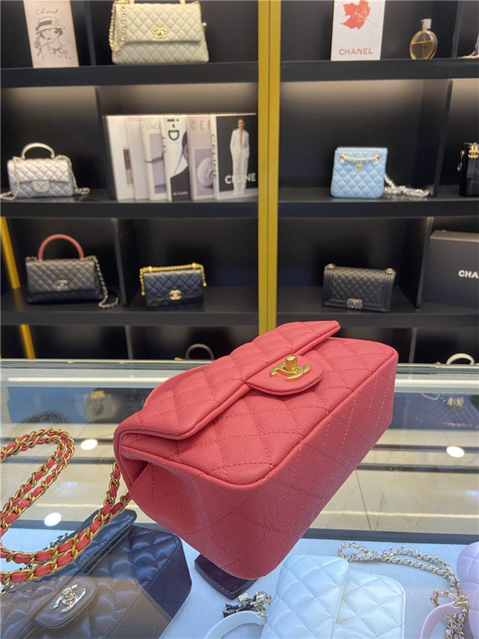 MINI FLAP BAG WITH TOP HANDLE AS2431 Grained Calfskin & Gold-Tone Metal Rose Red High