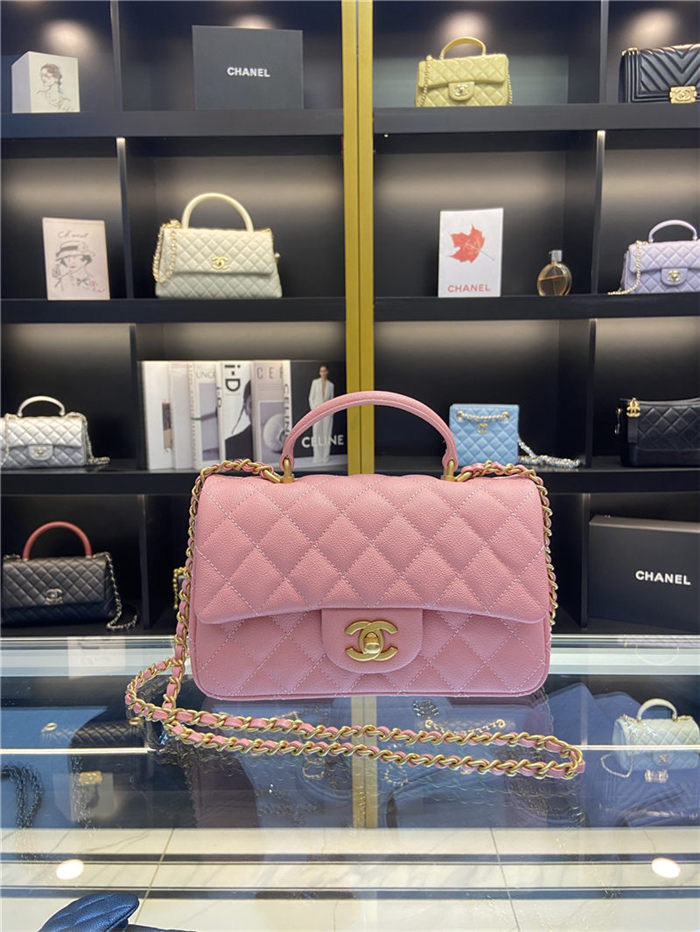 MINI FLAP BAG WITH TOP HANDLE AS2431 Grained Calfskin & Gold-Tone Pink High