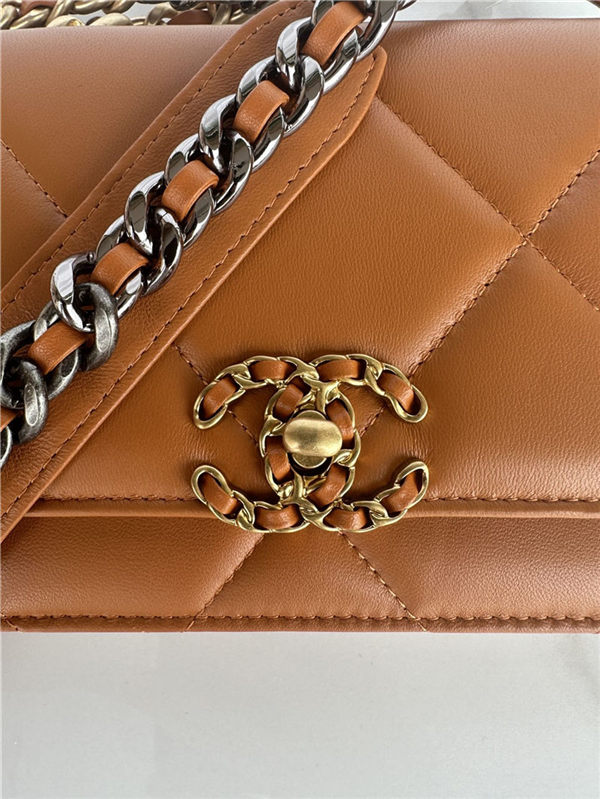 Chanel 19 WALLET ON CHAIN-A Shiny Lambskin, Gold/Silver-Tone & Ruthenium-Finish Metal Caramel A