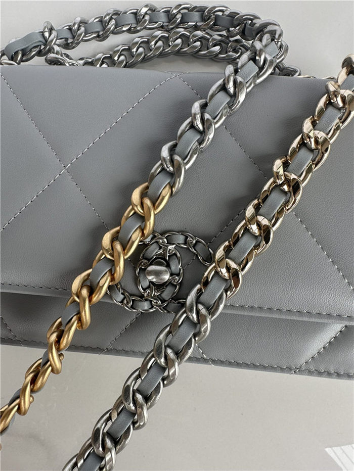 Chanel 19 WALLET ON CHAIN-A Shiny Lambskin, Gold/Silver-Tone & Ruthenium-Finish Metal Grey A