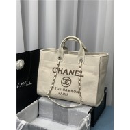 LARGE SHOPPING BAG Mixed Fibers & Silver-Tone Metal Beige High