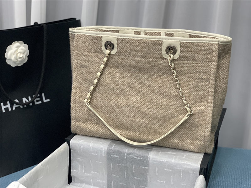 SHOPPING BAG Mixed Fibers & Silver-Tone Metal Khaki High