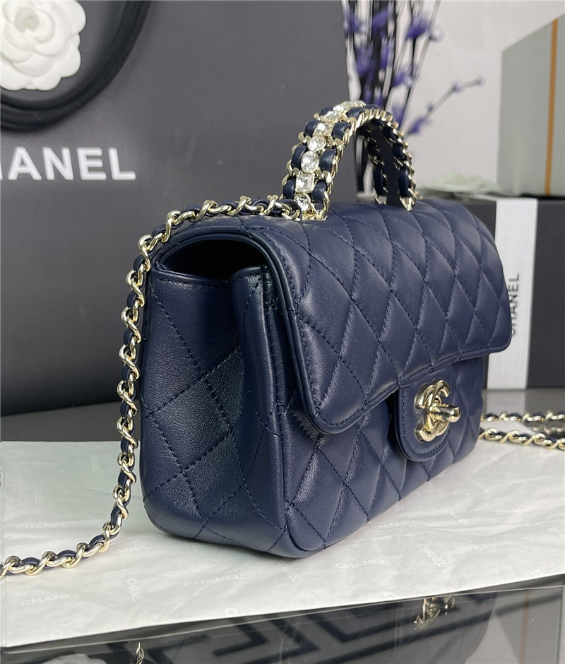 Chanel SMALL FLAP BAG With Top Diamond Handle Lambskin & Gold-Tone Metal AS4141 Navy High