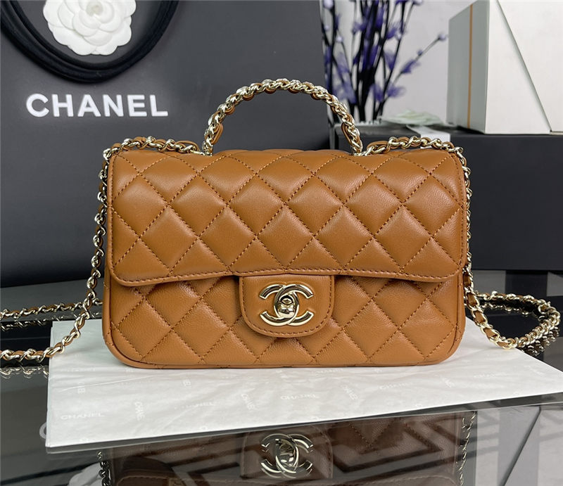 Chanel SMALL FLAP BAG With Top Diamond Handle Lambskin & Gold-Tone Metal AS4141 Caramel High