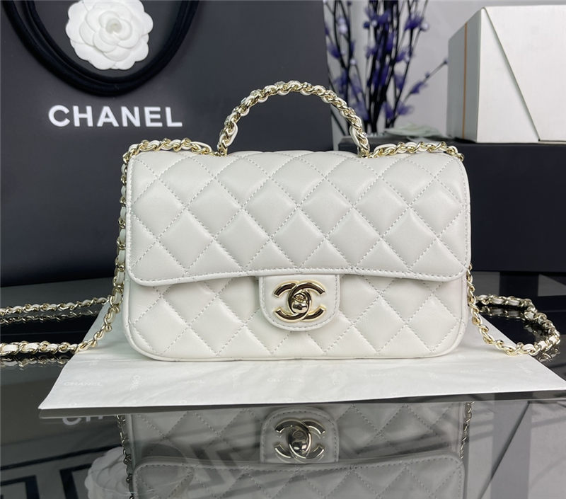 Chanel SMALL FLAP BAG With Top Diamond Handle Lambskin & Gold-Tone Metal AS4141 White High