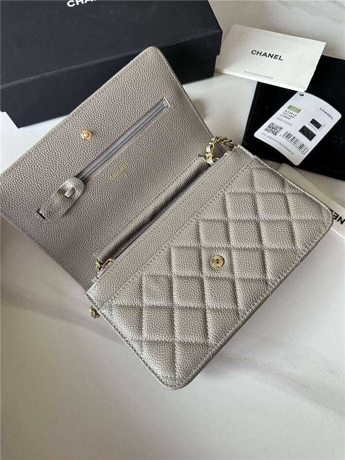 Classic Wallet on Chain A33814 Grained Calfskin Gold/Silver Metal Grey A