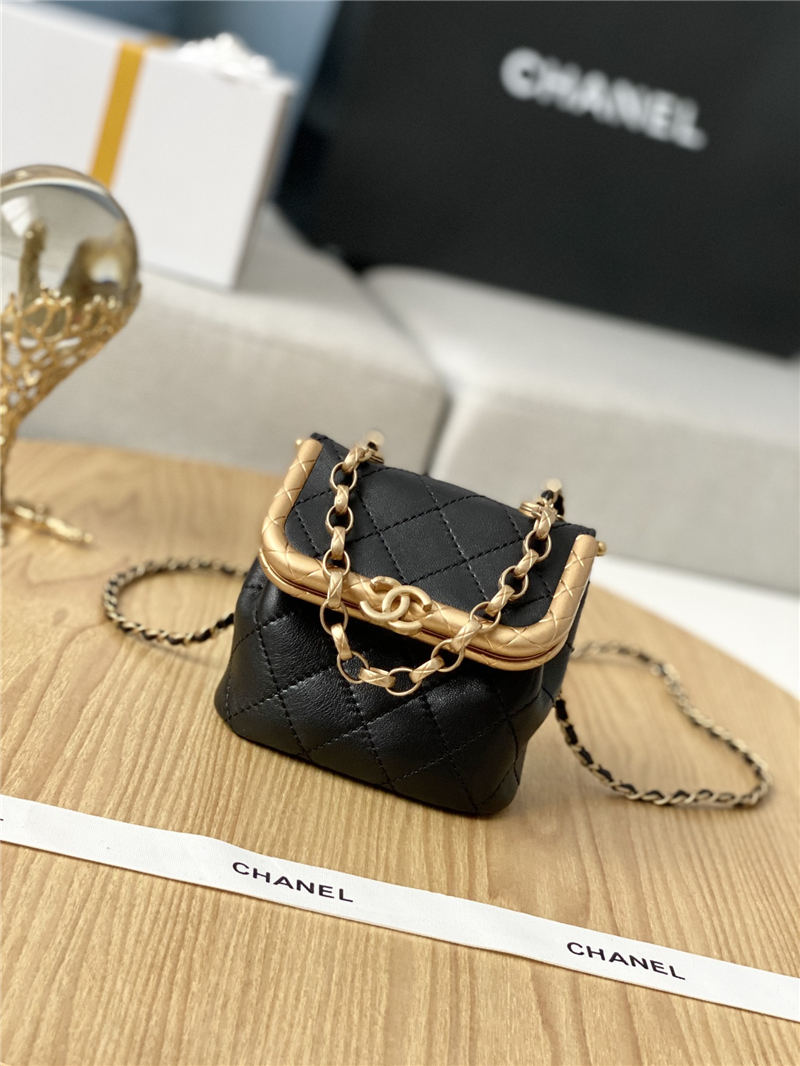 MINI Chanel KISS LOCK BAG Lambskin Gold-Tone Metal White High