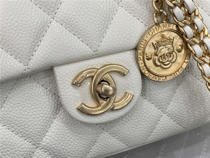 Chanel SMALL FLAP BAG Grained Calfskin & Gold-Tone Metal AS2528 White High