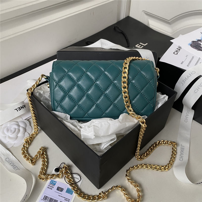 Chanel FLAP PHONE HOLDER WITH CHAIN Shiny Lambskin & Gold-Tone Metal AP3207 Olive A