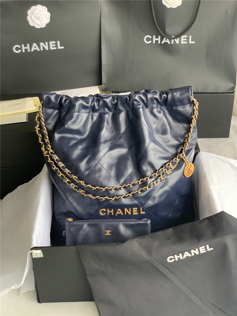 Chanel 22 LARGE HANDBAG Shiny Calfskin & Gold-Tone Metal AS3262 Navy High