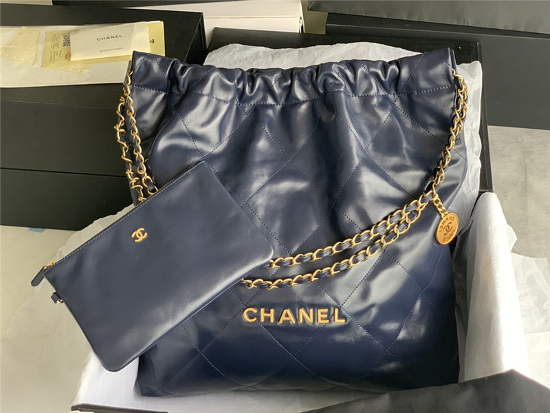 Chanel 22 LARGE HANDBAG Shiny Calfskin & Gold-Tone Metal AS3262 Navy High