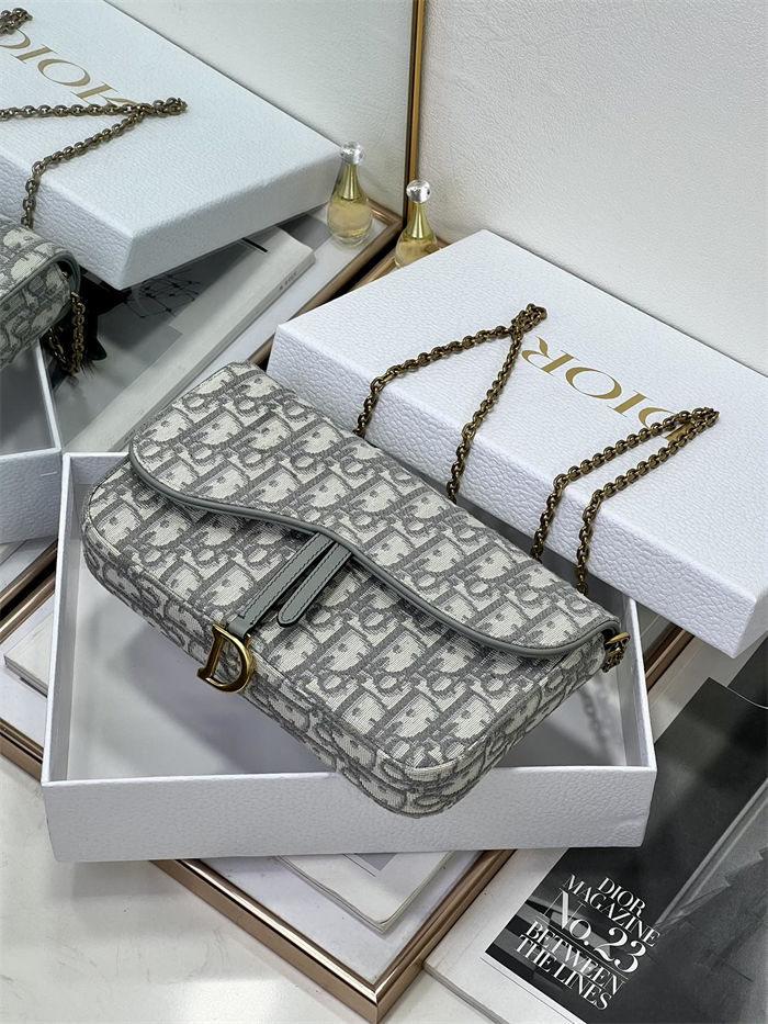 Saddle Pouch with Chain Dior Oblique Jacquard Grey High