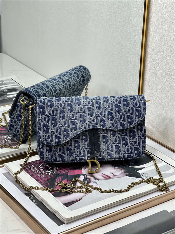 Saddle Pouch with Chain Dior Oblique Jacquard Denim High