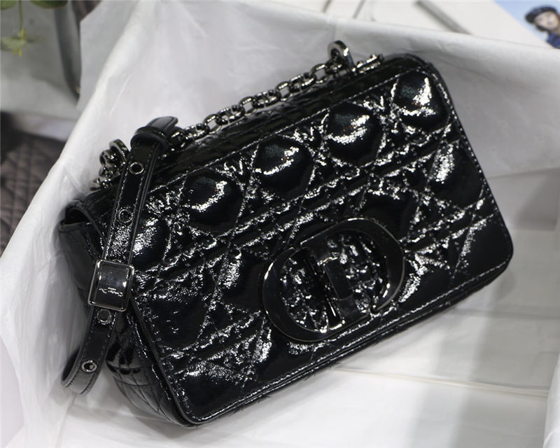 SMALL Dior CARO BAG Crinkled Patent Calfskin Black High