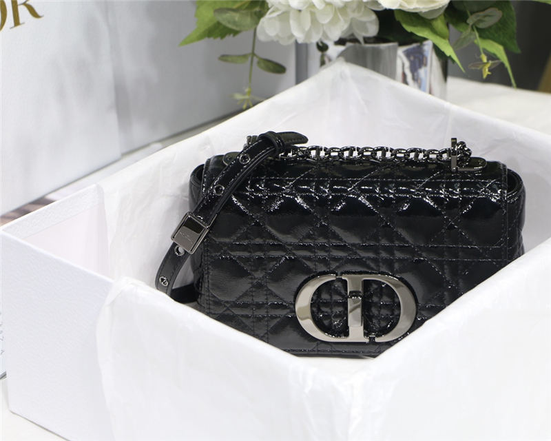 SMALL Dior CARO BAG Crinkled Patent Calfskin Black High