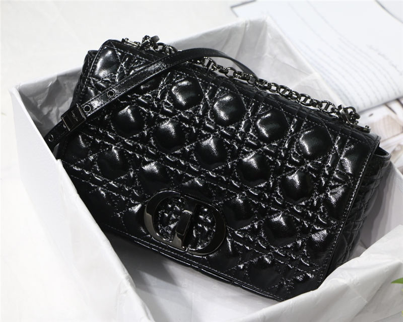 LARGE Dior CARO BAG Crinkled Patent Lambskin Black High