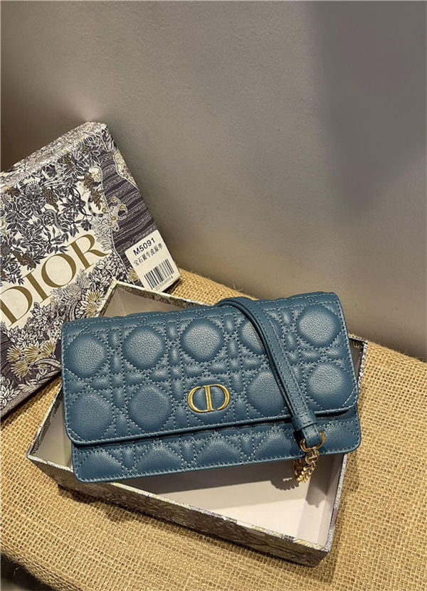 Dior CARO BELT POUCH WITH CHAIN Supple Cannage Calfskin Steel Blue High