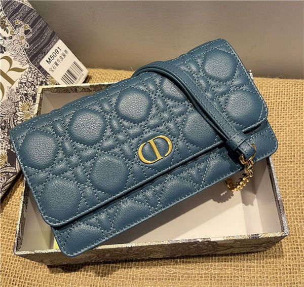 Dior CARO BELT POUCH WITH CHAIN Supple Cannage Calfskin Steel Blue High