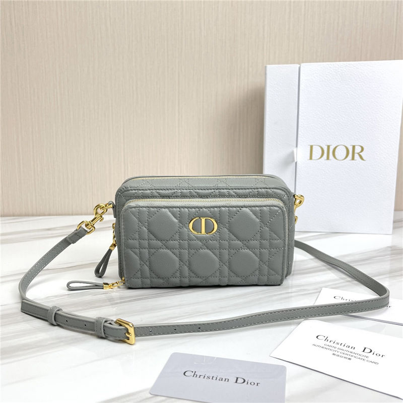 Dior CARO DOUBLE POUCH Supple Cannage Calfskin Grey High