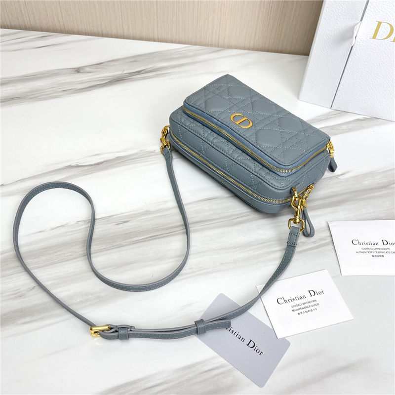 Dior CARO DOUBLE POUCH Supple Cannage Calfskin Grey Blue High