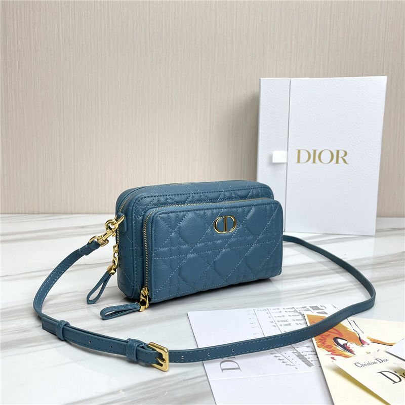 Dior CARO DOUBLE POUCH Supple Cannage Calfskin Steel Blue High