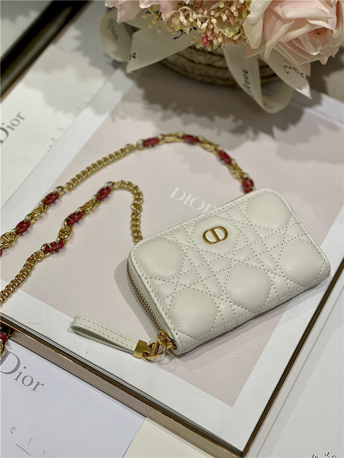 MINI Dior CARO ZIPPED POUCH Cannage Lambskin White High