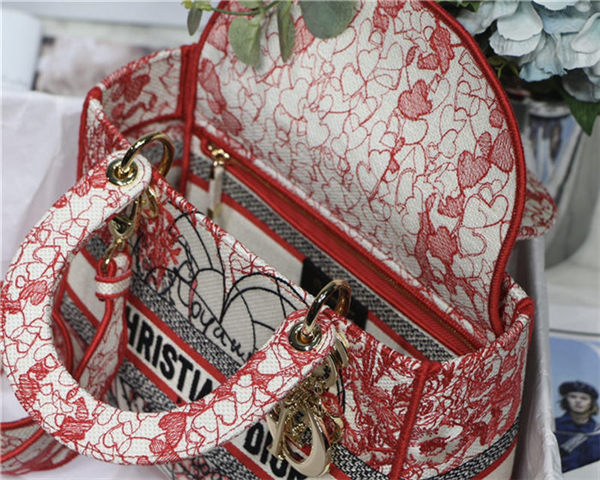 MEDIUM LADY D-LITE BAG D-Royaume d'Amour Embroidery Red and White High