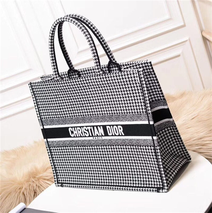 LARGE Dior BOOK TOTE Houndstooth Embroidery Black and White High