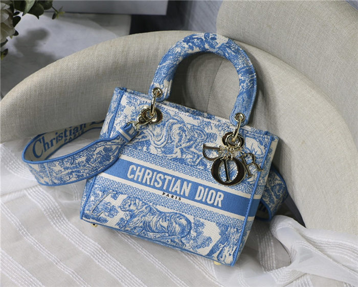 MEDIUM LADY D-LITE BAG Toile de Jouy Reverse Embroidery Blue High