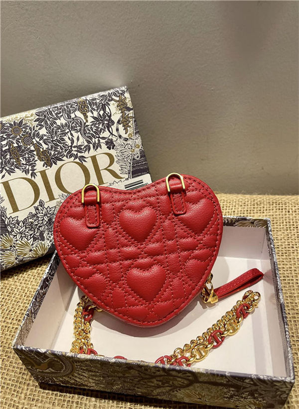 DiorAMOUR Dior CARO HEART POUCH WITH CHAIN Cannage Calfskin with Heart Motif Red High