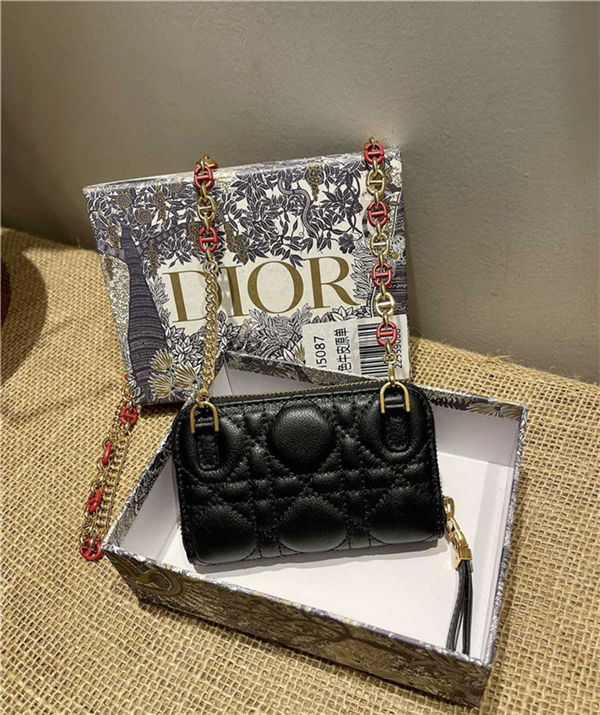 Dior CARO DETACHABLE CARD HOLDER Supple Cannage Calfskin Black High