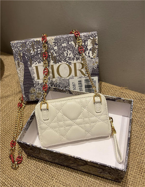 Dior CARO DETACHABLE CARD HOLDER Supple Cannage Calfskin White High