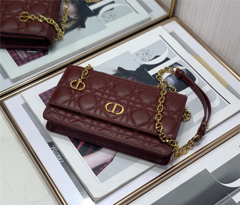 Dior CARO BELT POUCH WITH CHAIN Supple Cannage Calfskin Burgundy High