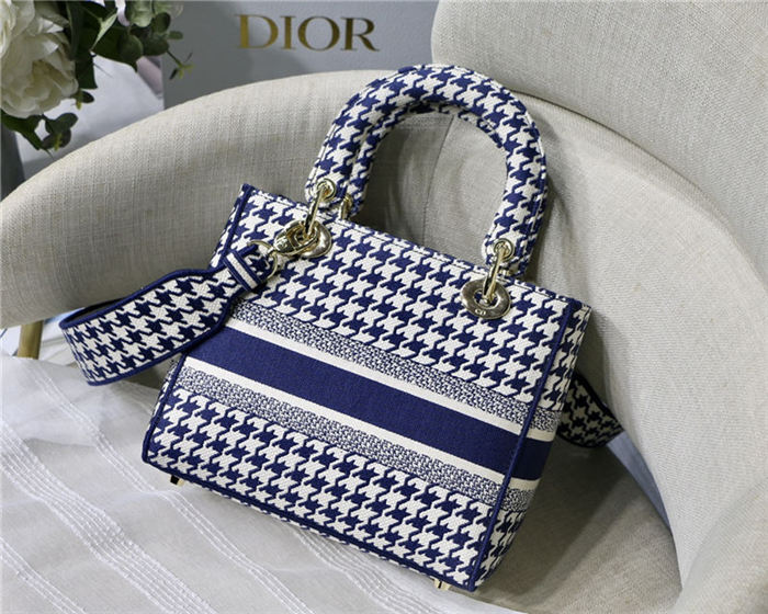 MEDIUM LADY D-LITE BAG Houndstooth Embroidery Blue High