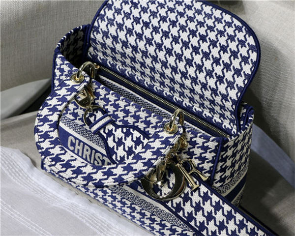 MEDIUM LADY D-LITE BAG Houndstooth Embroidery Blue High