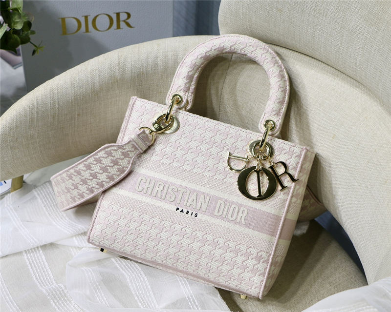 MEDIUM LADY D-LITE BAG Houndstooth Embroidery Pink High