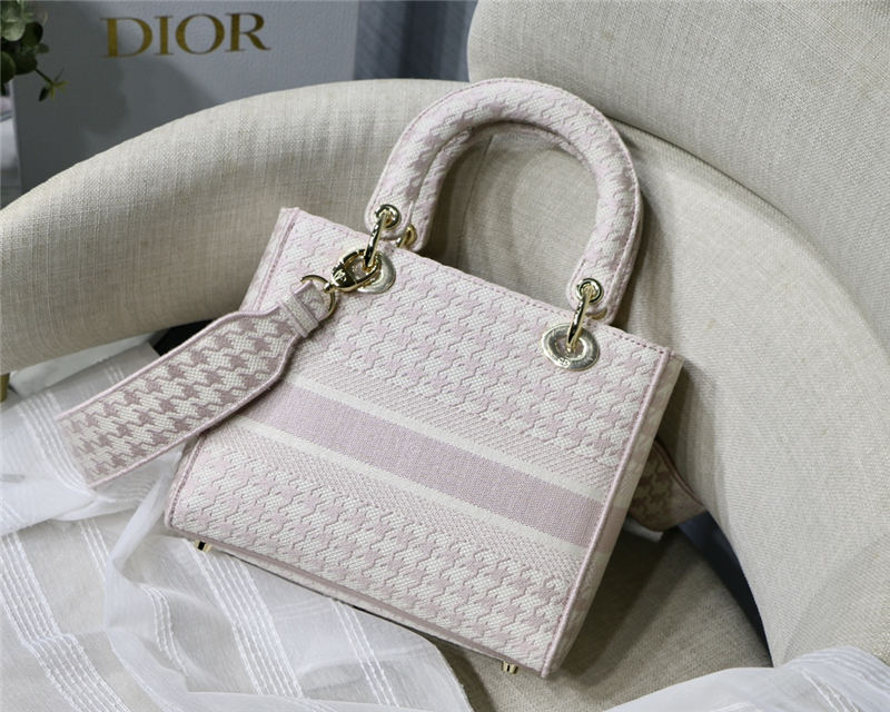 MEDIUM LADY D-LITE BAG Houndstooth Embroidery Pink High