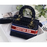 MEDIUM LADY D-LITE BAG Crocodile-Effect Embroidered Velvet Blue High