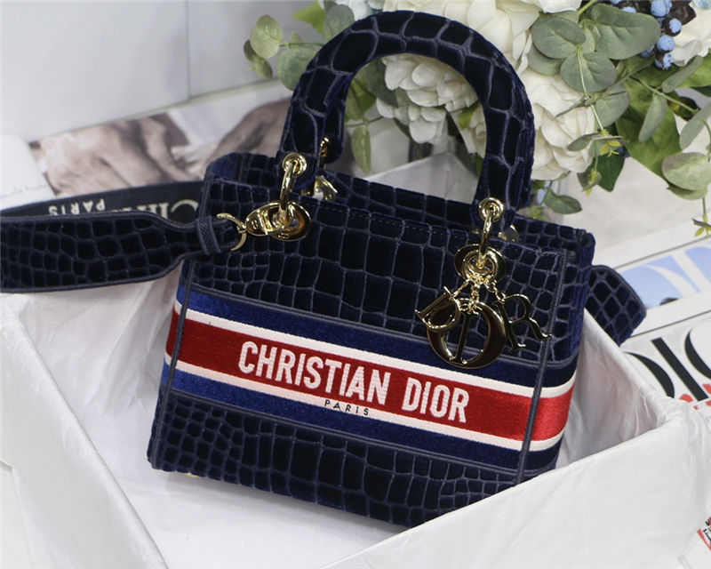 MEDIUM LADY D-LITE BAG Crocodile-Effect Embroidered Velvet Blue High