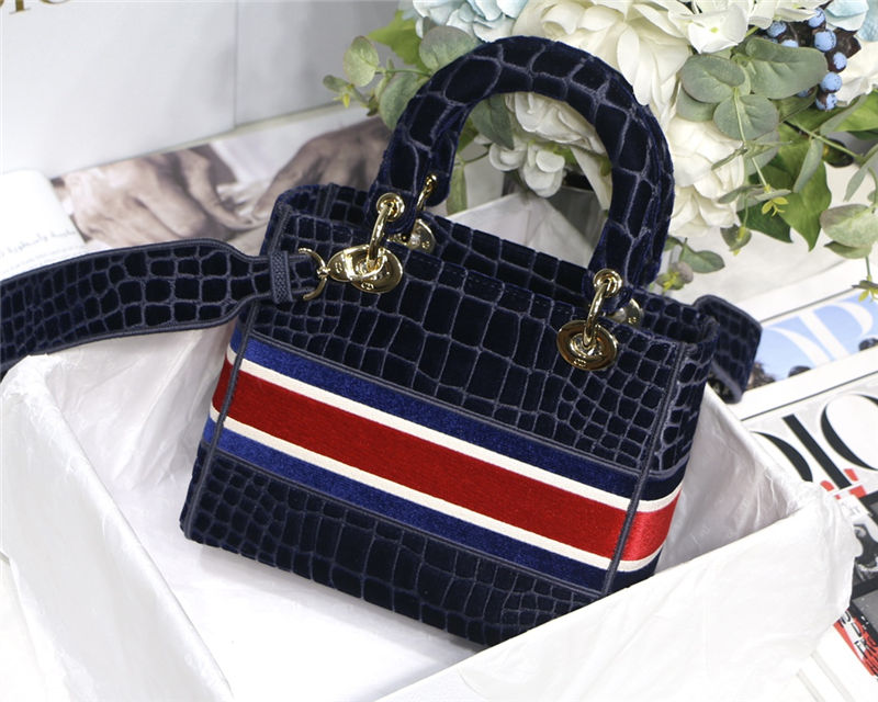 MEDIUM LADY D-LITE BAG Crocodile-Effect Embroidered Velvet Blue High